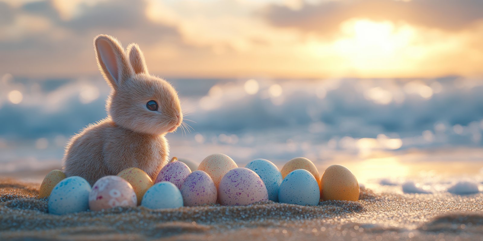 Cute bunny sits among colorful eggs on the beach during a vibrant sunset by the ocean